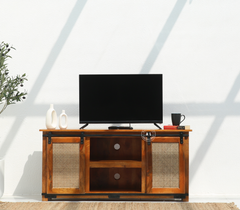 Cast Wooden TV Unit with Sliding Door in Solid Mango Wood – Honey Finish Arina Living