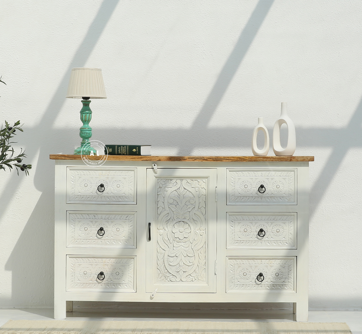 Exeter Solid Mango Wood 6 Drawer 1 Door Wooden Chest of Drawers – White Finish Arina Living