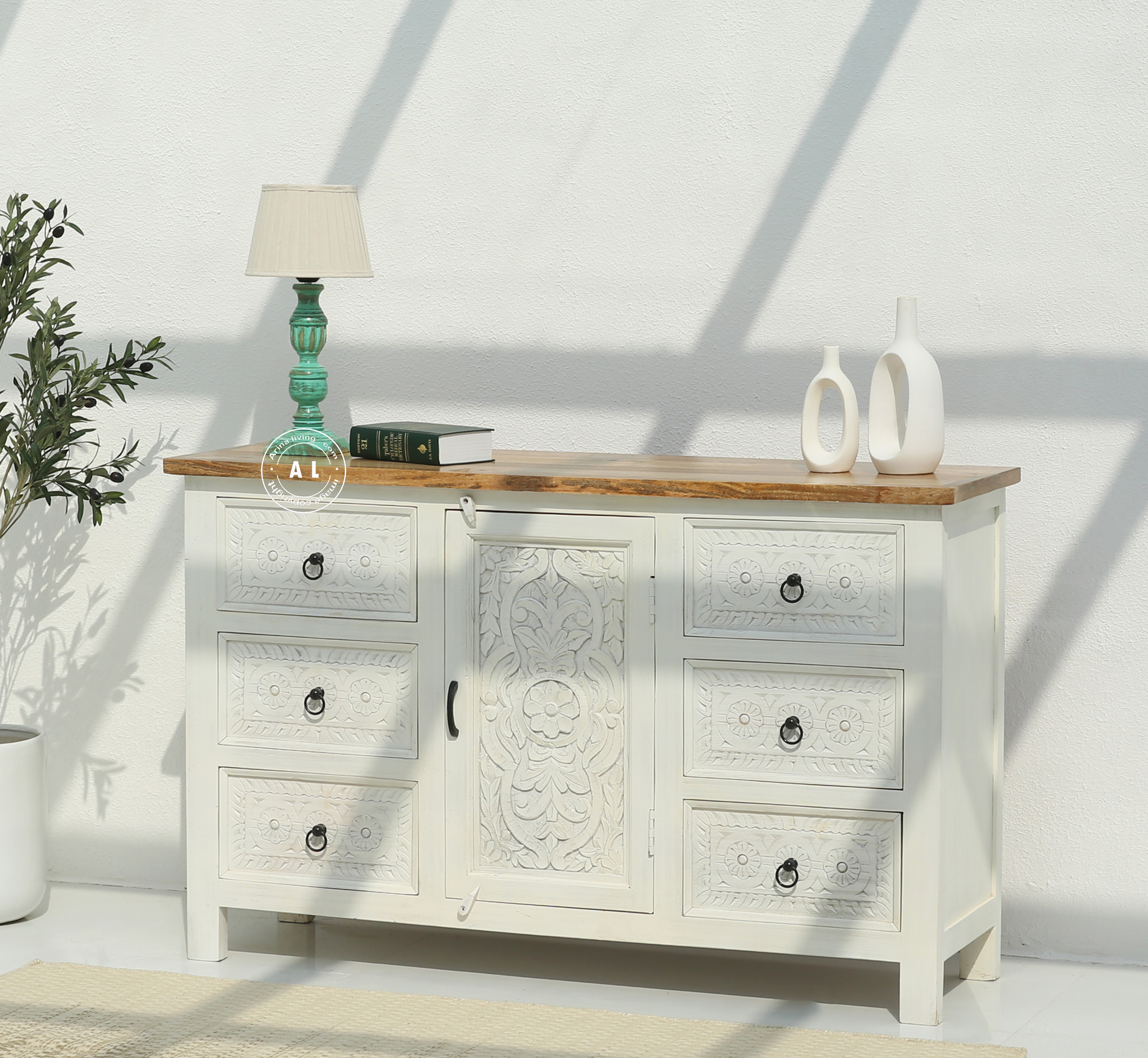 Exeter Solid Mango Wood 6 Drawer 1 Door Wooden Chest of Drawers – White Finish Arina Living