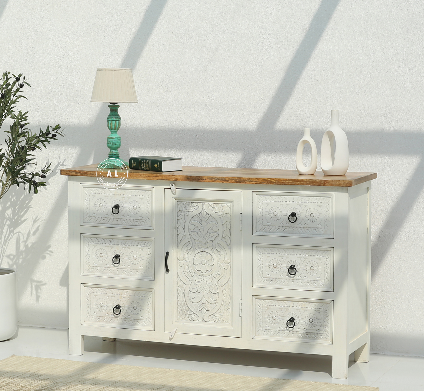 Exeter Solid Mango Wood 6 Drawer 1 Door Wooden Chest of Drawers - White finish