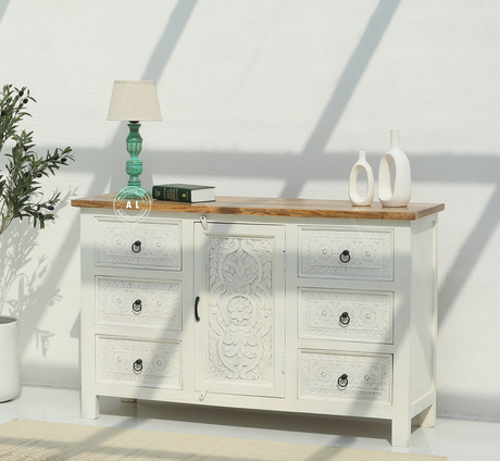 Exeter Solid Mango Wood 6 Drawer 1 Door Wooden Chest of Drawers – White Finish Arina Living
