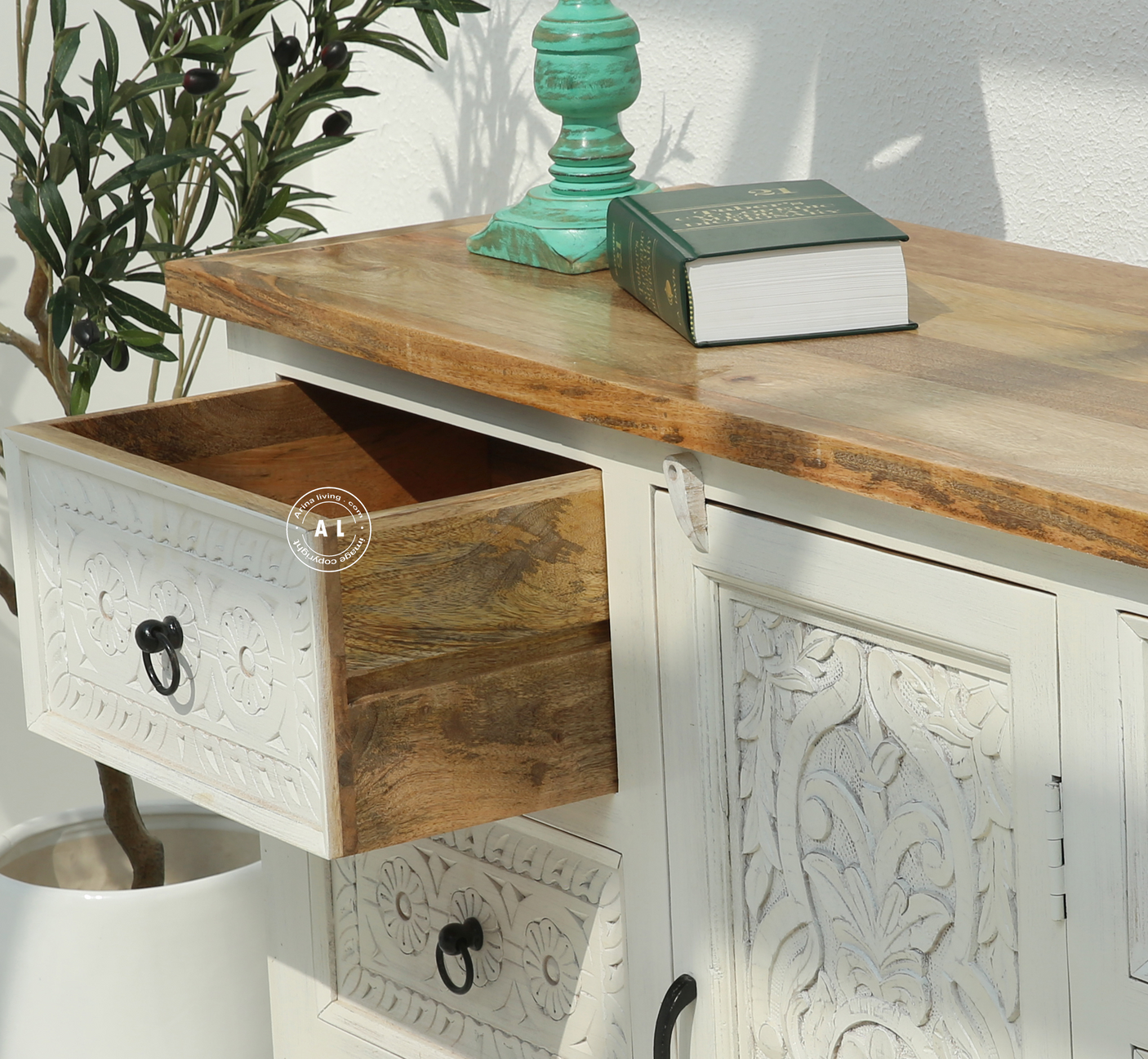 Exeter Solid Mango Wood 6 Drawer 1 Door Wooden Chest of Drawers - White finish