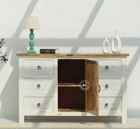 Exeter Solid Mango Wood 6 Drawer 1 Door Wooden Chest of Drawers – White Finish Arina Living