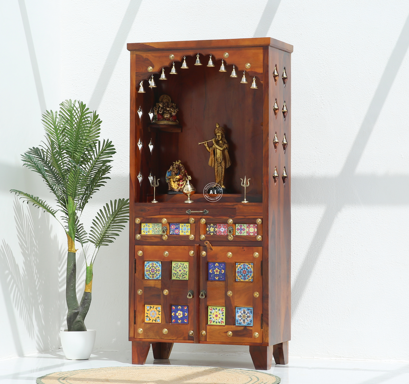 Hype Sheesham Wood Floor Standing Temple with Doors & Drawers - Honey finish