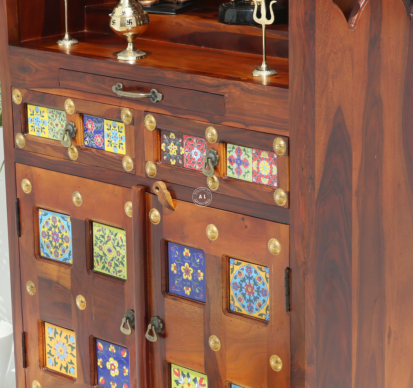 Hype Sheesham Wood Floor Standing Temple with Doors & Drawers - Honey finish