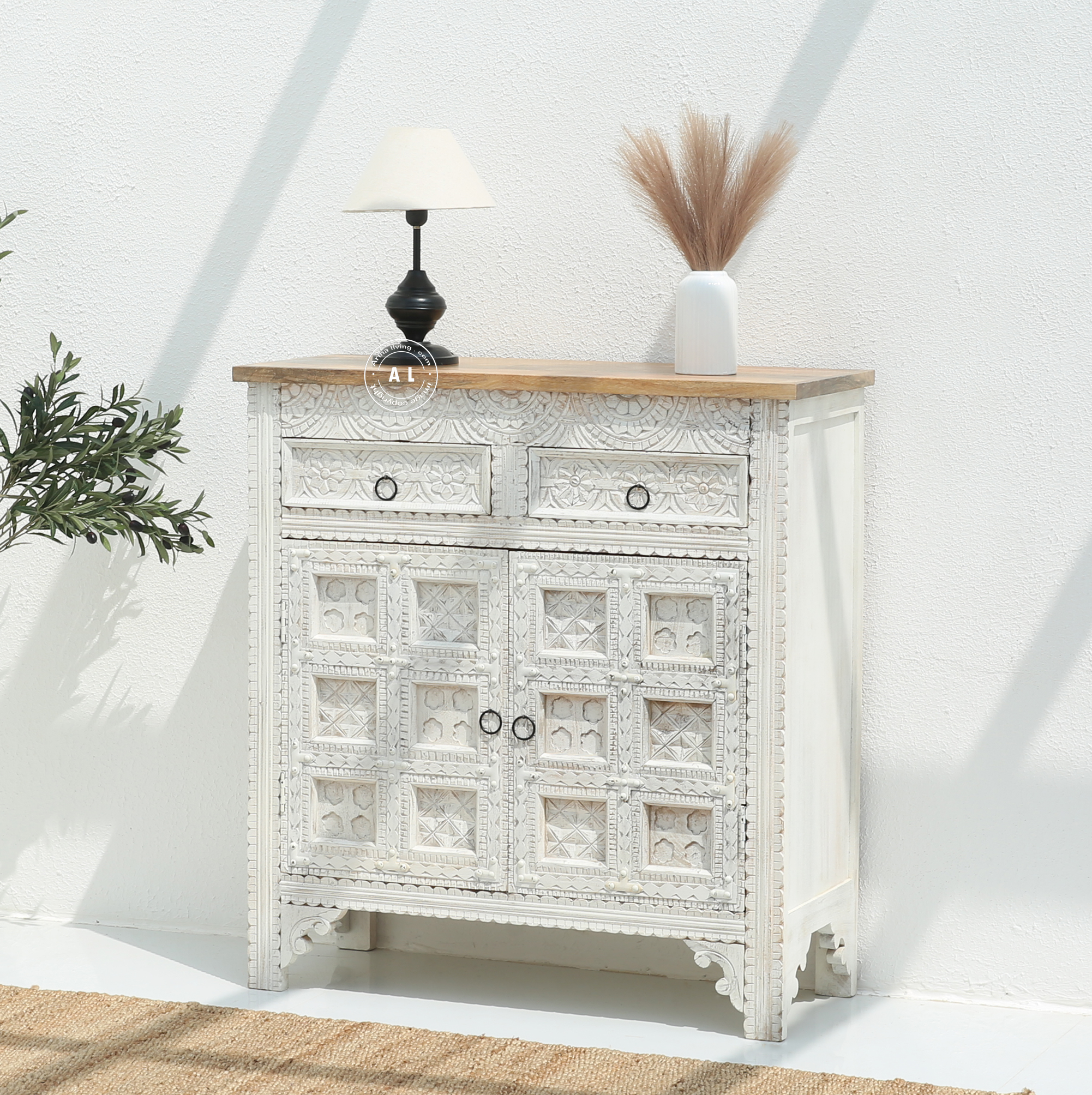 Amiela Wooden 2 Door 2 Drawer Cabinet - White finish Arina Living
