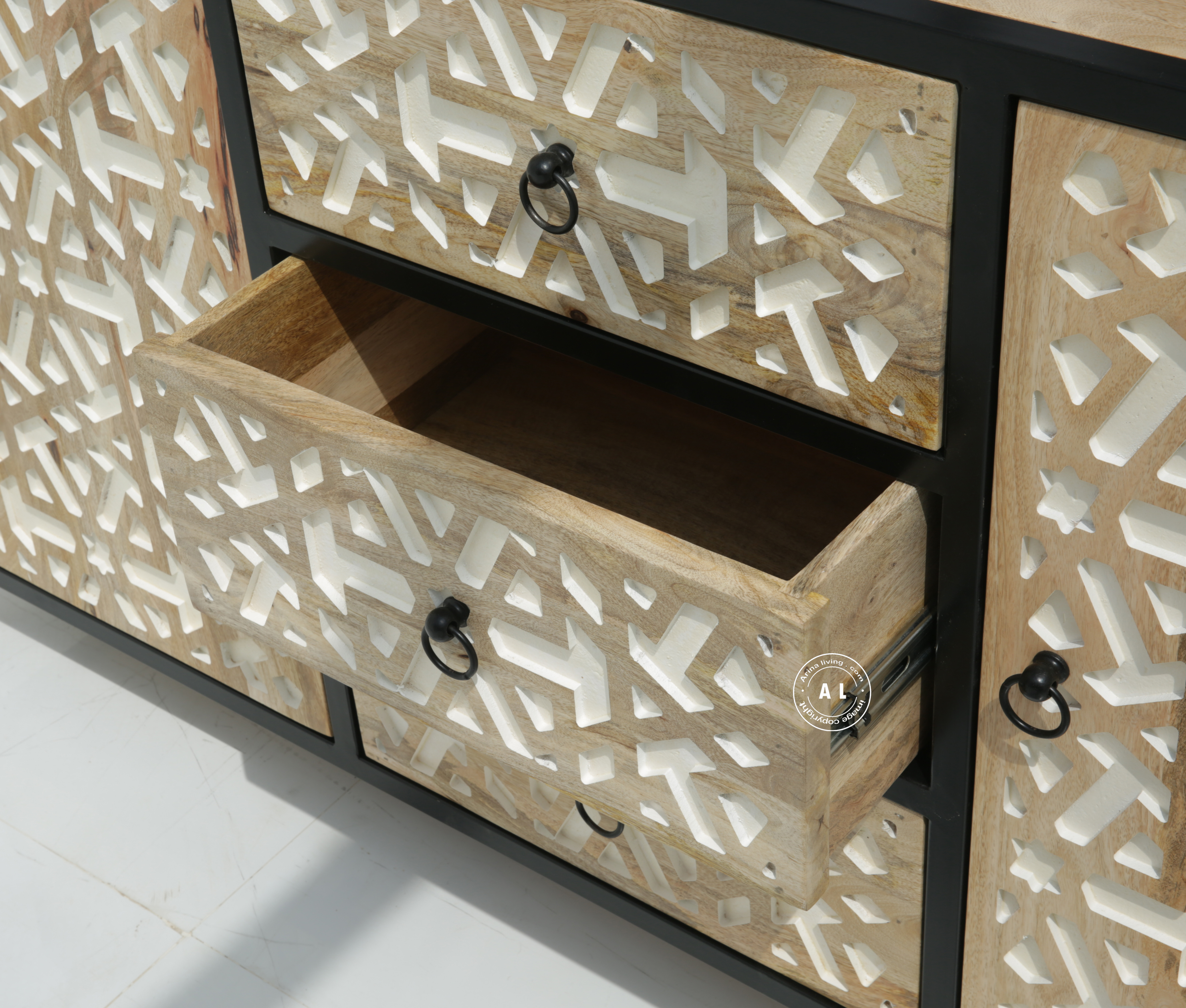 Franko Solid Mango Wood and Iron 3 Drawers & 2 Doors Sideboard Arina Living