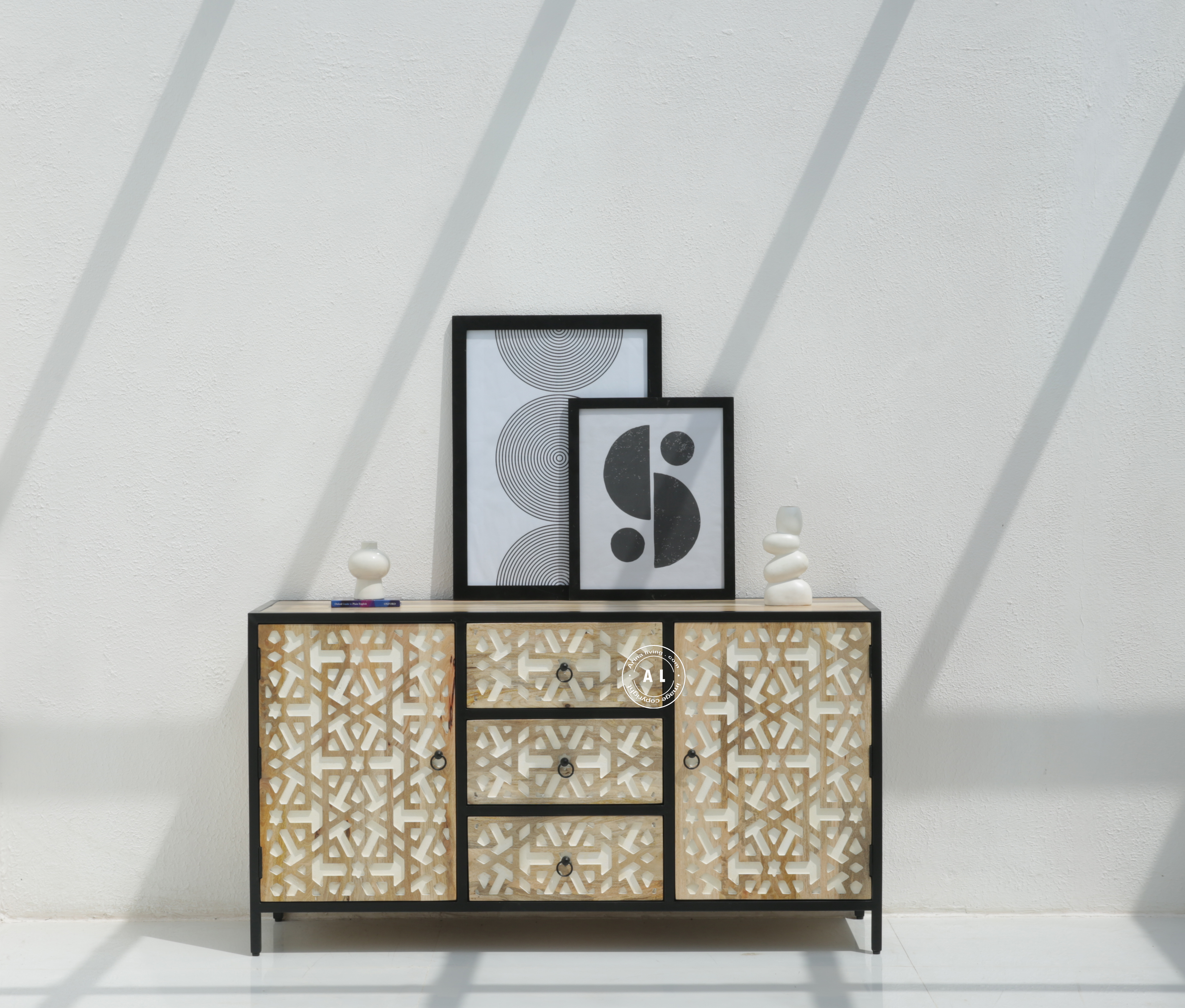 Franko Solid Mango Wood and Iron 3 Drawers & 2 Doors Sideboard Arina Living