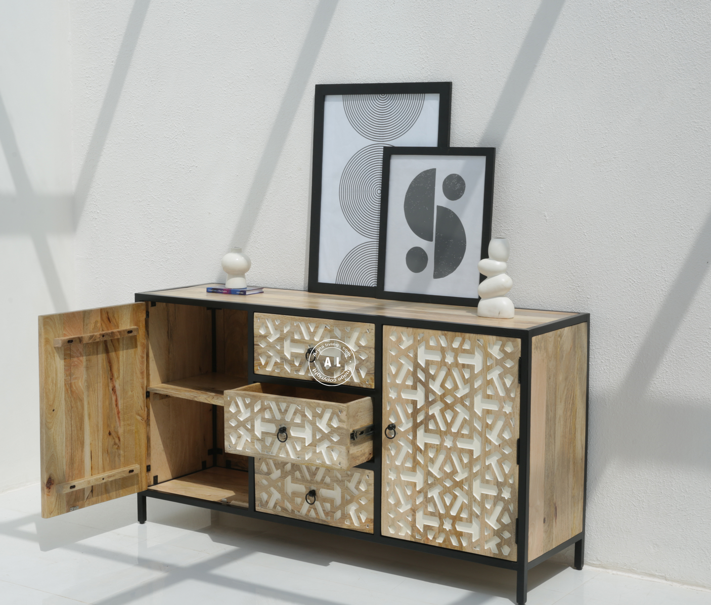 Franko Solid Mango Wood and Iron 3 Drawers & 2 Doors Sideboard