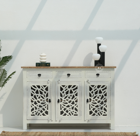 Edzard Solid Mango Wood 3 Drawer 3 Door Wooden Carved Sideboard Arina Living