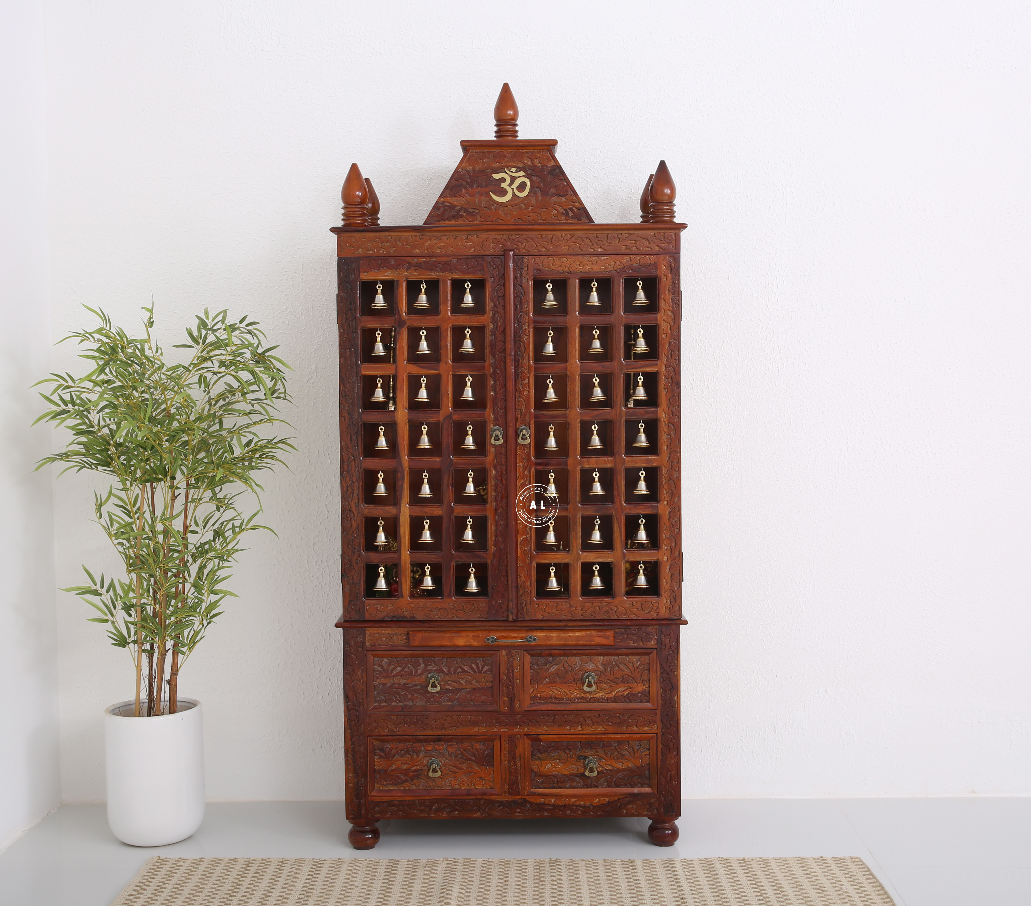 Fonda Sheesham Wood Home Temple with Bell Doors – Honey Finish Arina Living