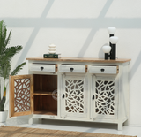 Edzard Solid Mango Wood 3 Drawer 3 Door Wooden Carved Sideboard