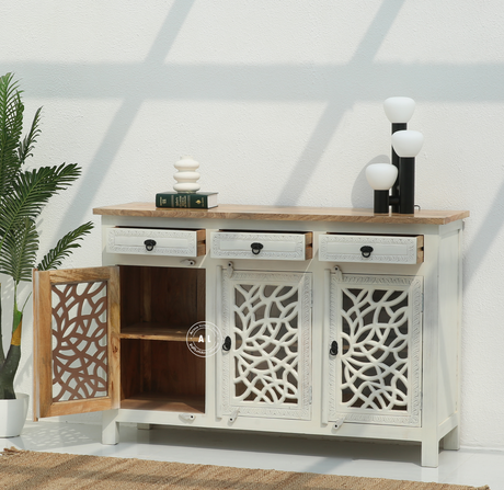 Edzard Solid Mango Wood 3 Drawer 3 Door Wooden Carved Sideboard Arina Living
