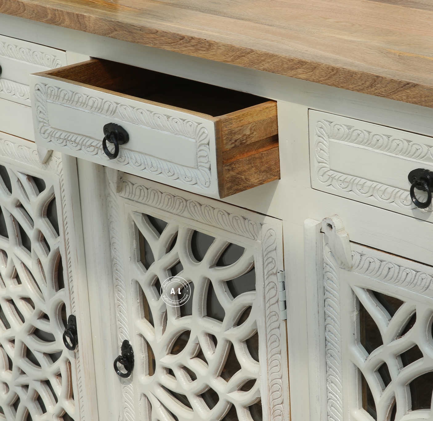 Edzard Solid Mango Wood 3 Drawer 3 Door Wooden Carved Sideboard
