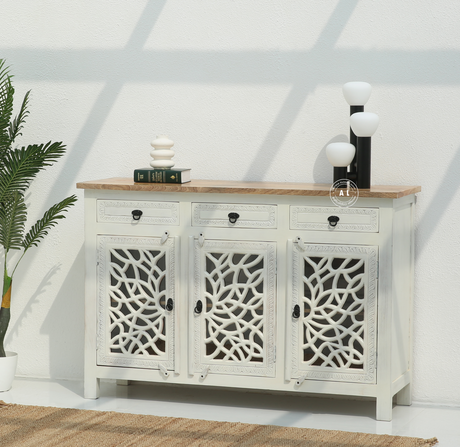 Edzard Solid Mango Wood 3 Drawer 3 Door Wooden Carved Sideboard Arina Living