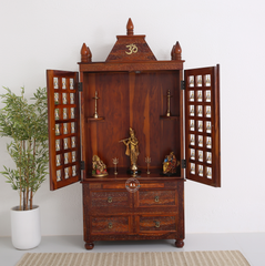 Fonda Sheesham Wood Home Temple with Bell Doors – Honey Finish Arina Living