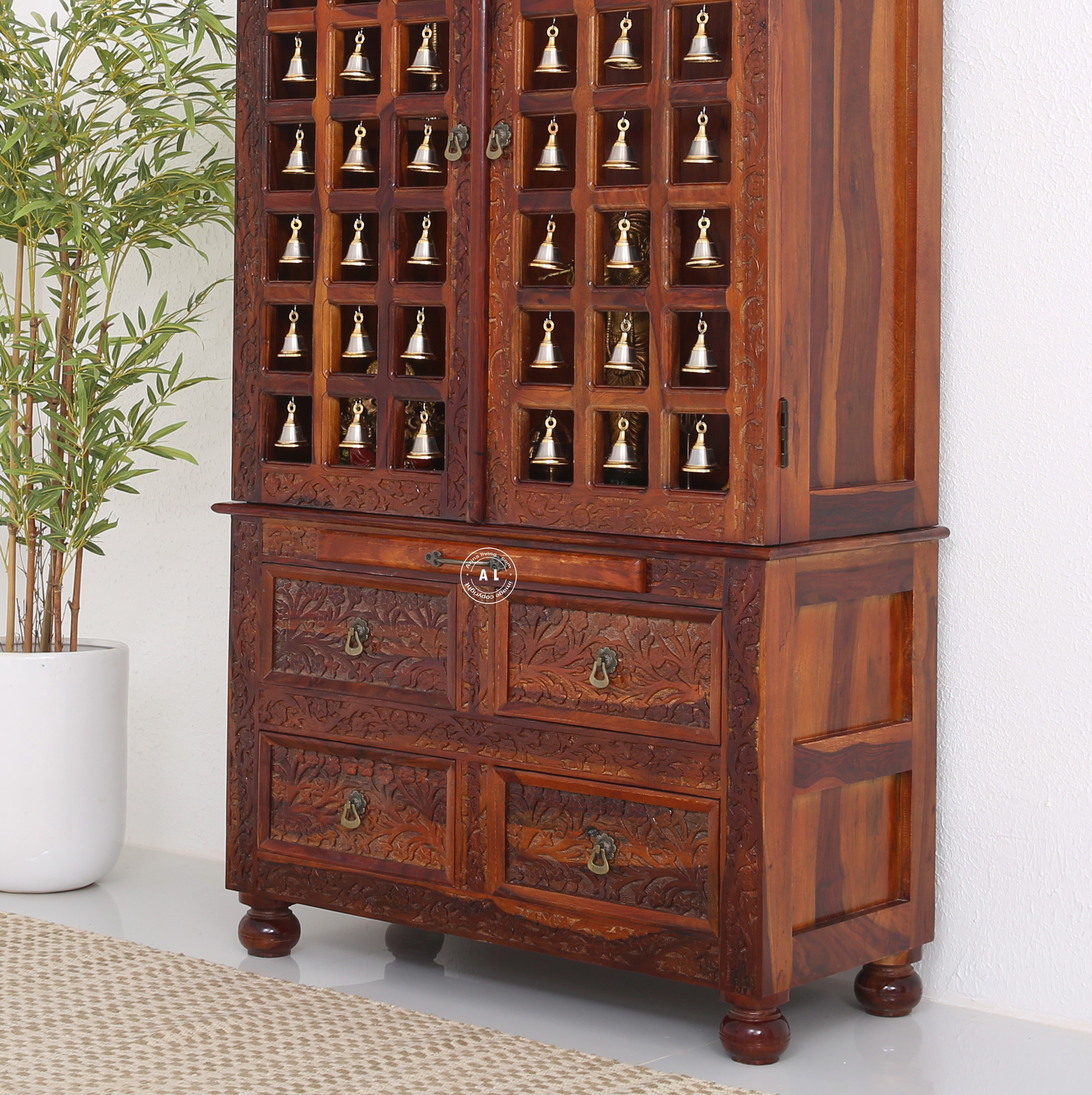 Fonda Sheesham Wood Home Temple with Bell Doors – Honey Finish Arina Living