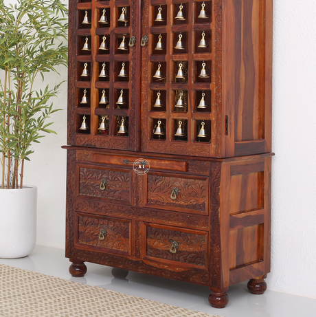 Fonda Sheesham Wood Home Temple with Bell Doors – Honey Finish Arina Living