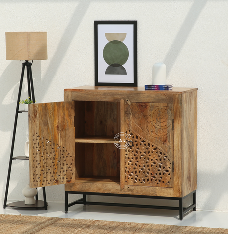 Tierra Wooden 2 Door Carved Cabinet – Natural Finish Arina Living