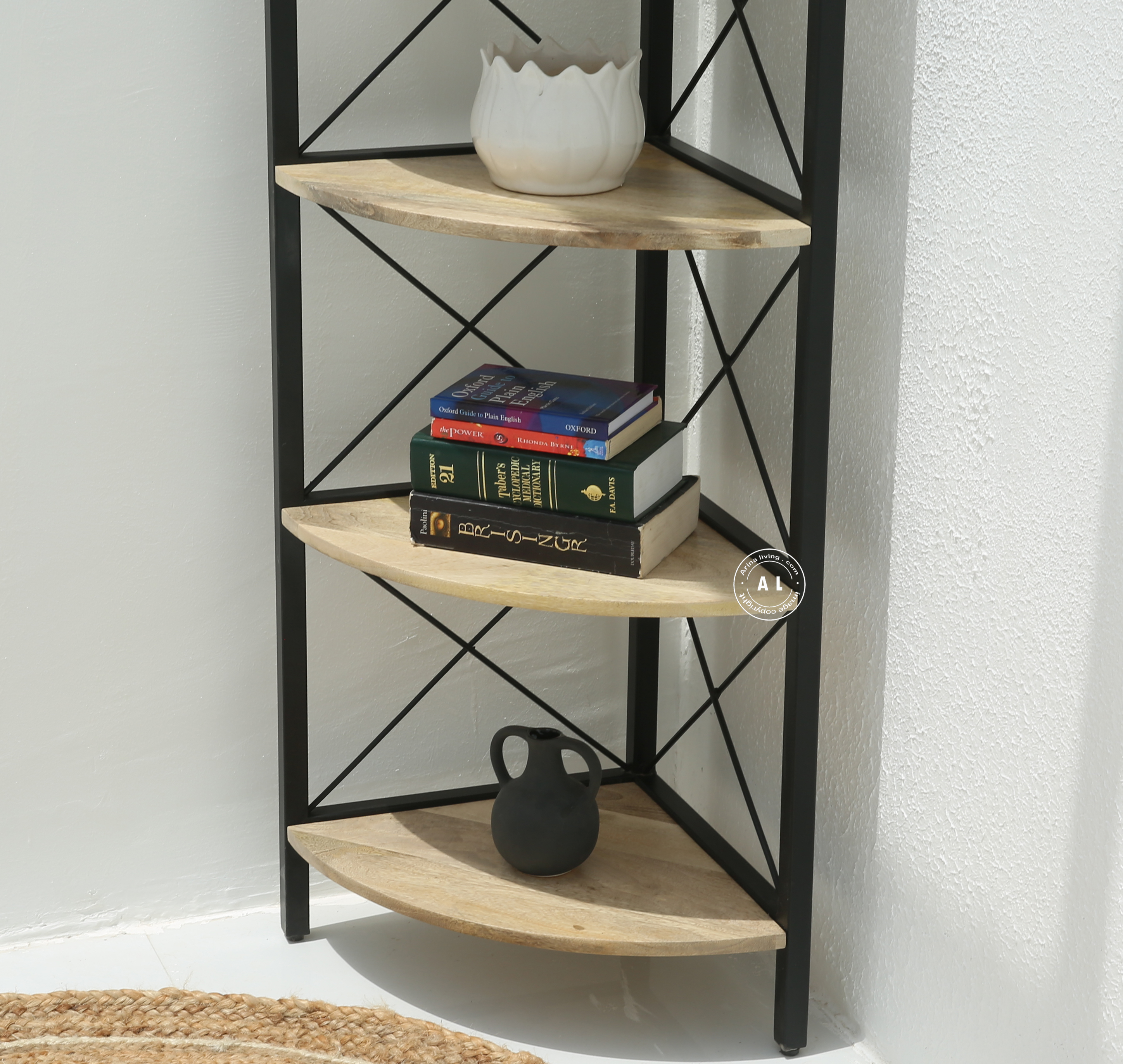 Selda Corner Metal Bookshelf – Natural Finish Arina Living