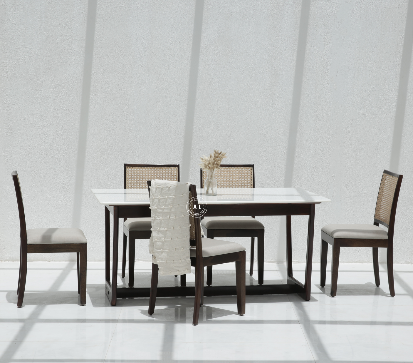 Clover 6 Seater Sheesham Wood Dining Table with Marble Top - Teak Finish