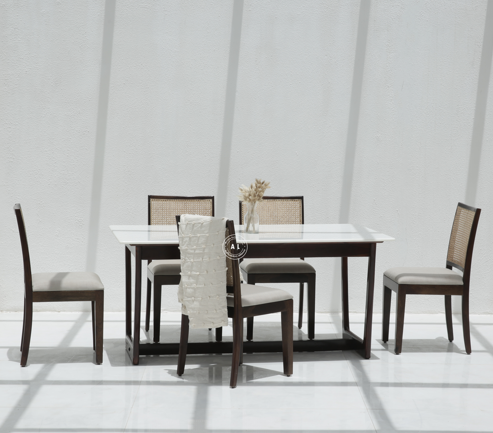 Clover 6 Seater Sheesham Wood Dining Table with Marble Top – Teak Finish Arina Living