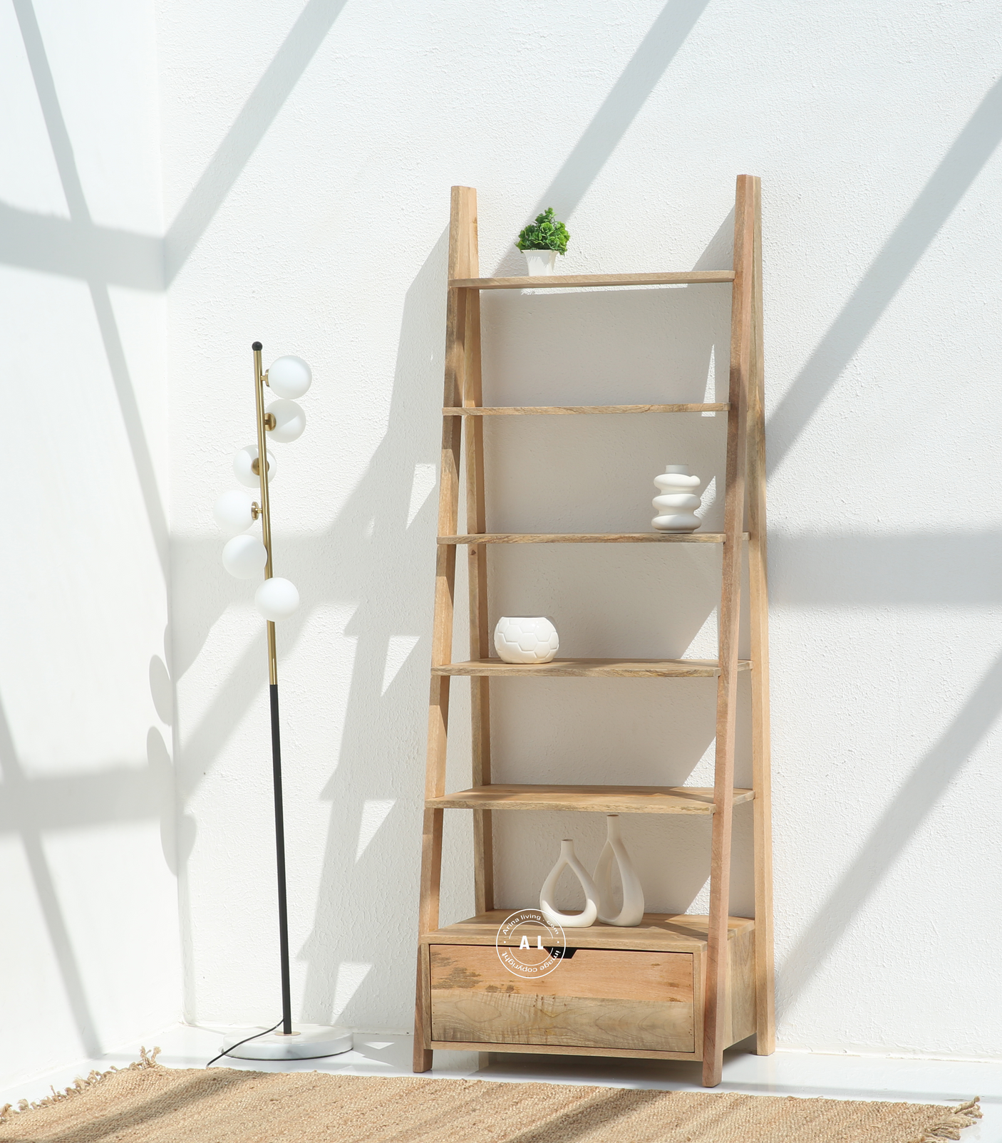Cardine Mango wood Ladder Bookcase With 1 Drawer - Natural finish