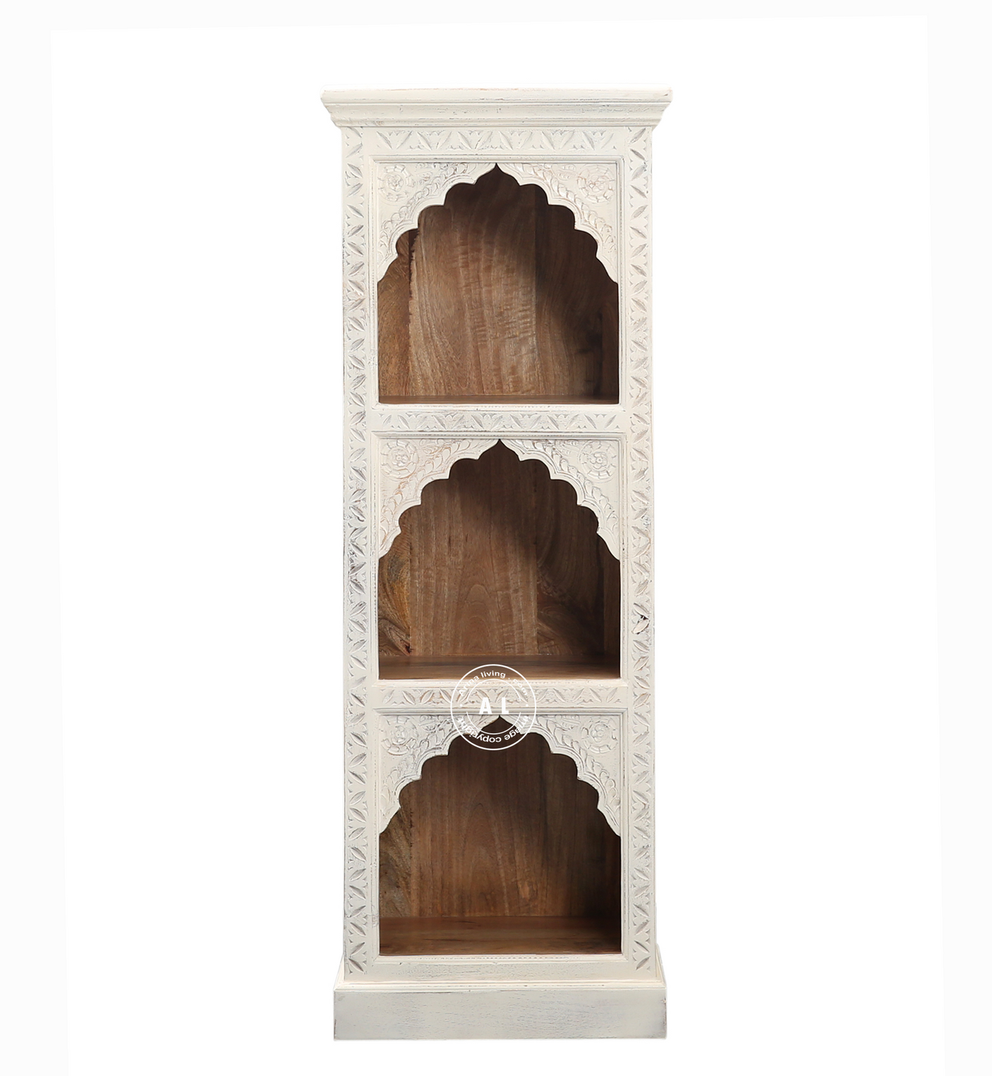 Ethos Mango Wood 3 Arch Book Shelf with Hand-Carved Design – White Finish Arinaliving