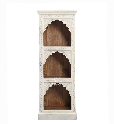 Ethos Mango Wood 3 Arch Book Shelf with Hand-Carved Design – White Finish Arinaliving