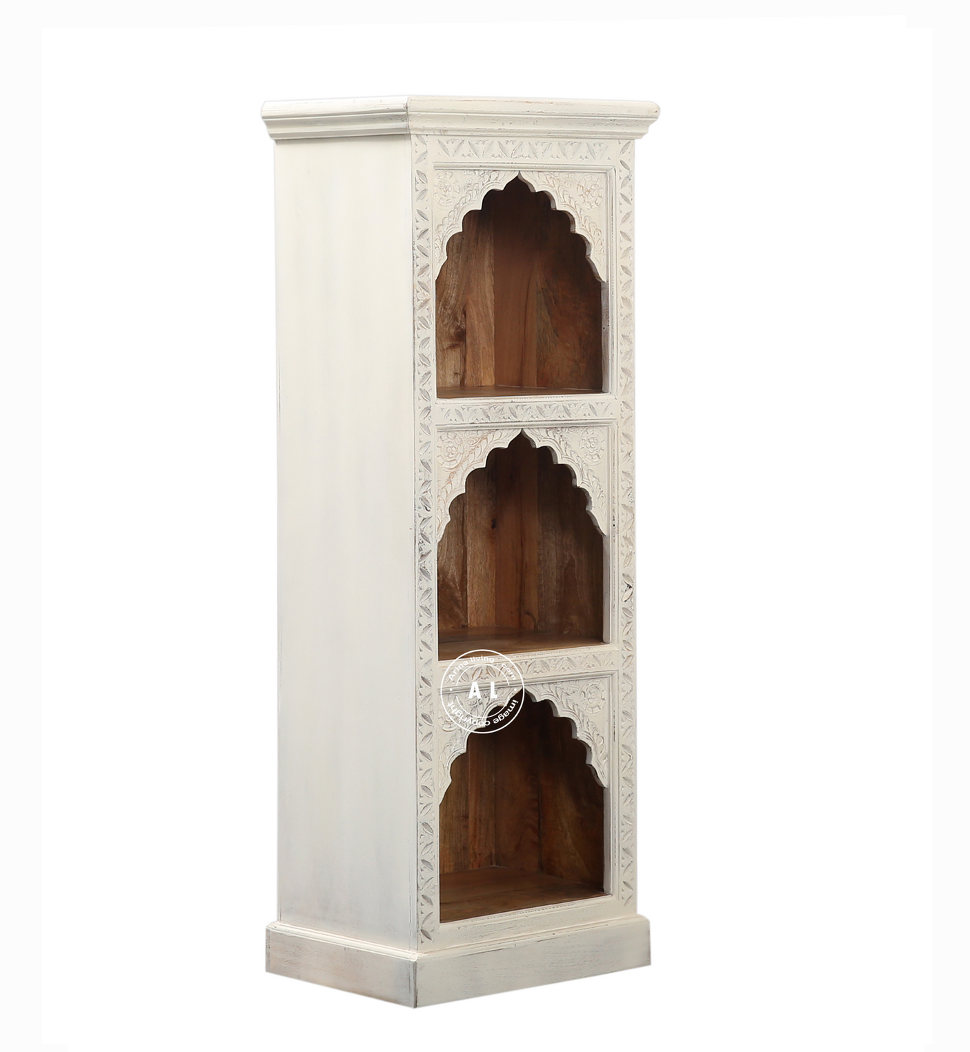 Ethos Mango Wood 3 Arch Book Shelf with Hand-Carved Design – White Finish Arinaliving