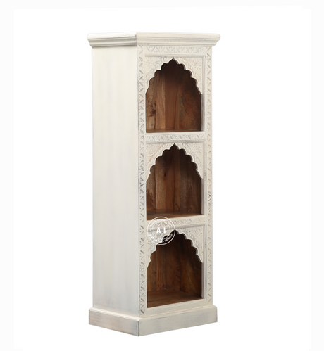 Ethos Mango Wood 3 Arch Book Shelf with Hand-Carved Design – White Finish Arinaliving