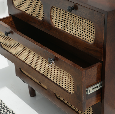 Adlor Solid Mango Wood 3 Drawer Chest of Drawers with Cane Front – Walnut Finish Arina Living
