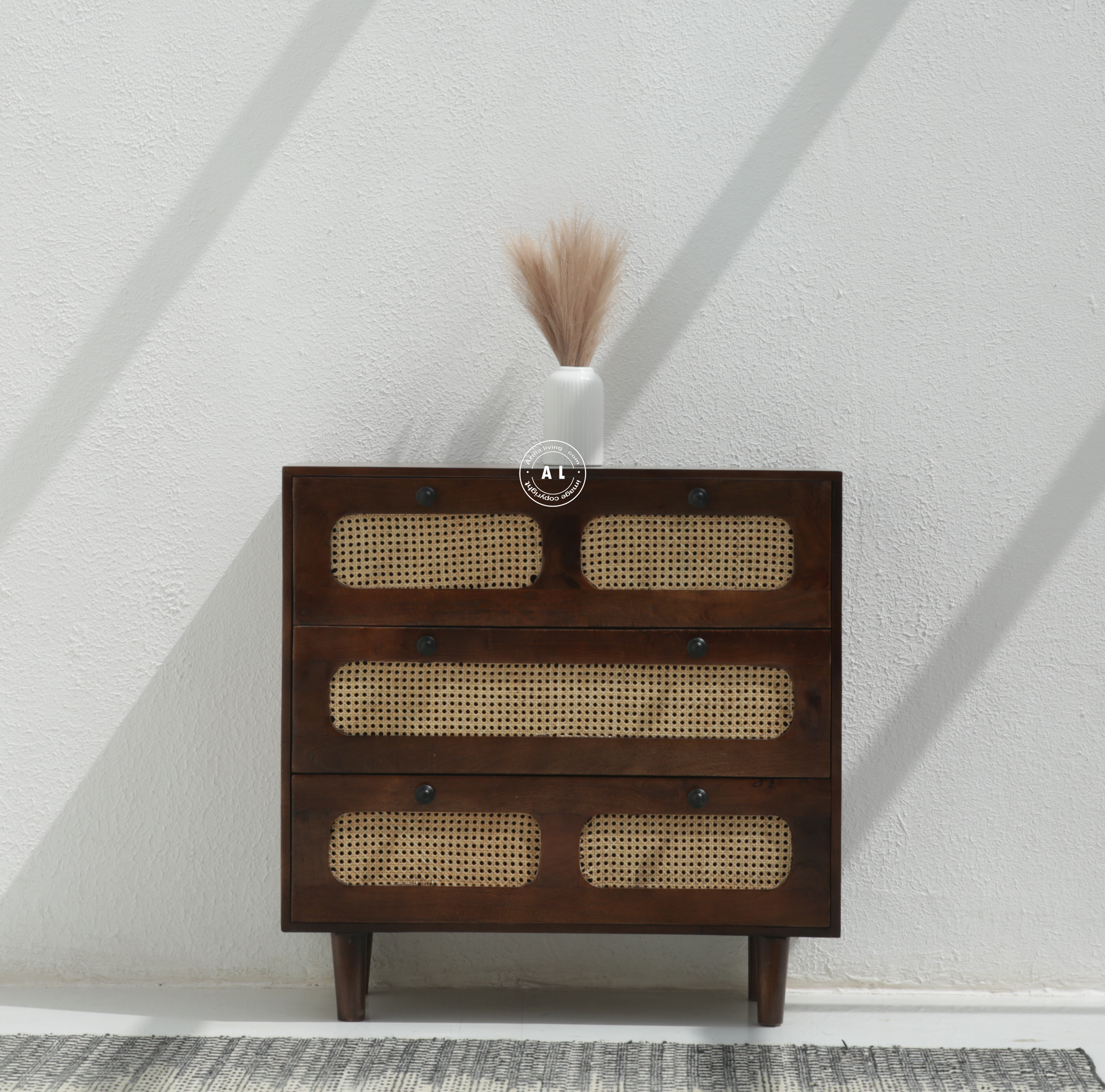 Adlor Solid Mango Wood 3 Drawer Chest of Drawers with Cane Front – Walnut Finish Arina Living