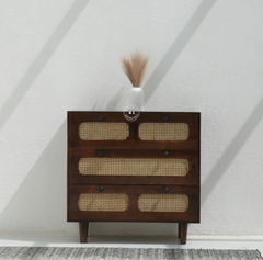 Adlor Solid Mango Wood 3 Drawer Chest of Drawers with Cane Front – Walnut Finish Arina Living