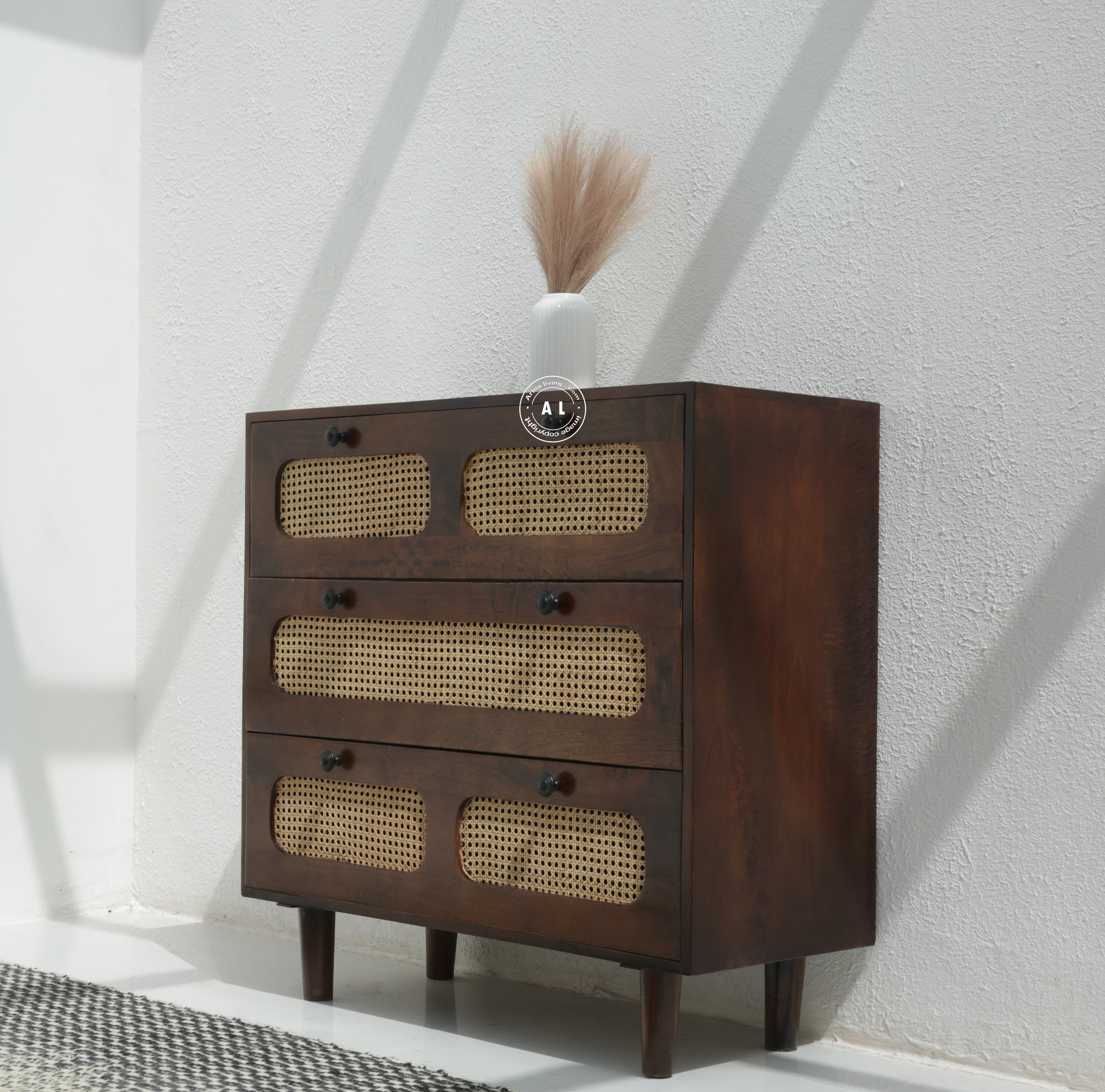 Adlor Solid Mango Wood 3 Drawer Chest of Drawers with Cane Front – Walnut Finish Arina Living