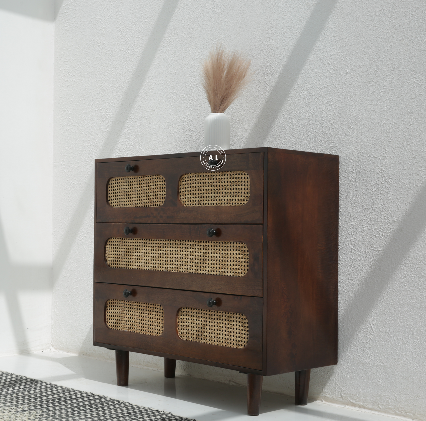 Adlor Solid Mango Wood 3 Drawer Chest of Drawers with Cane Front – Walnut Finish