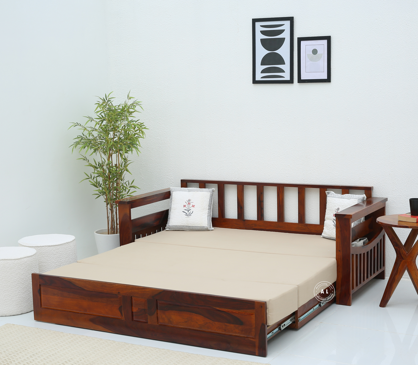 Velocity Sheesham Wood Sofa Cum Bed with Storage & Cushion – Honey Finish