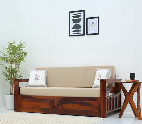 Velocity Sheesham Wood Sofa Cum Bed with Storage & Cushion – Honey Finish Arinaliving