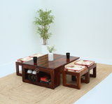 Stellar Wooden Coffee Table with 4 Stools | Sheesham Wood Center Table Set in Honey Finish