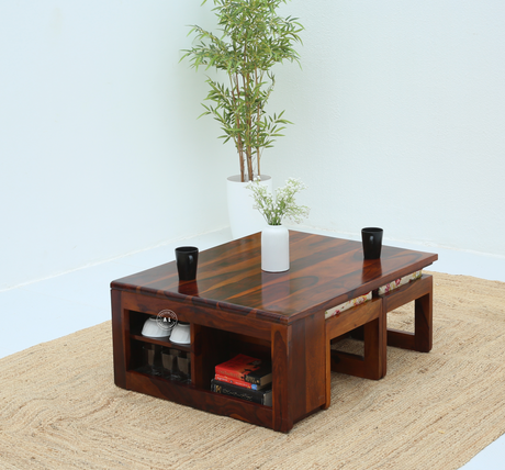Stellar Wooden Coffee Table with 4 Stools | Sheesham Wood Center Table Set in Honey Finish Arina Living