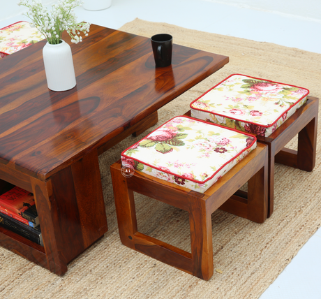 Stellar Wooden Coffee Table with 4 Stools | Sheesham Wood Center Table Set in Honey Finish Arina Living