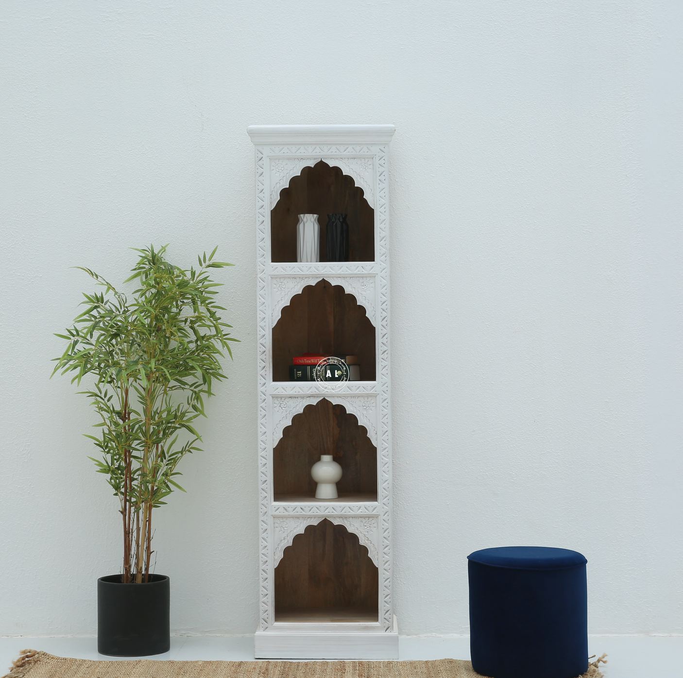 Ethos Mango Wood Book Shelf with Hand-Carved Design – White Finish