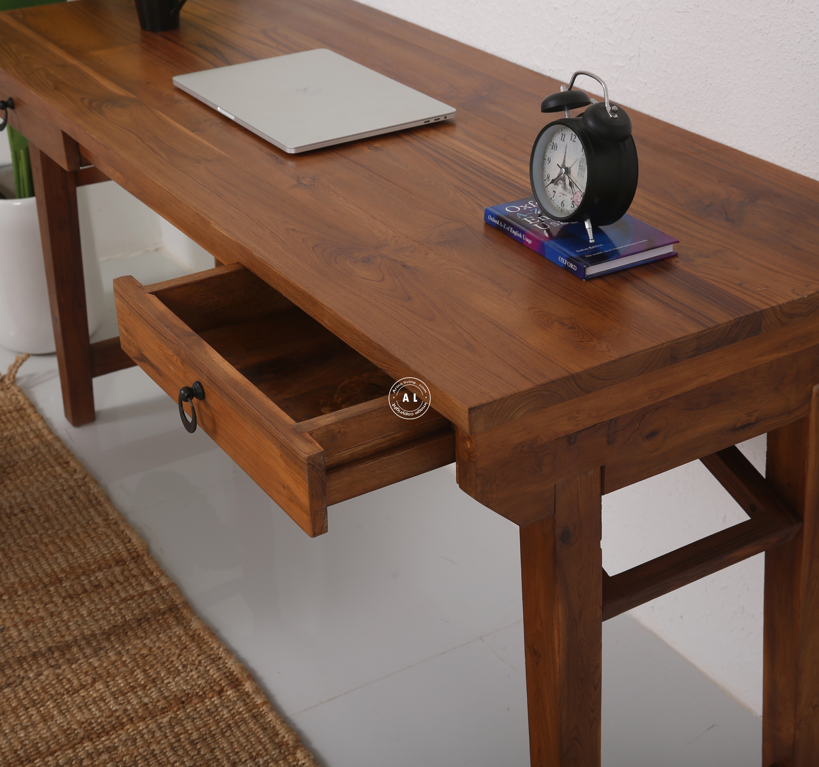 Field Teak Wood Study Table with Drawer Storage – Teak Finish Arina Living