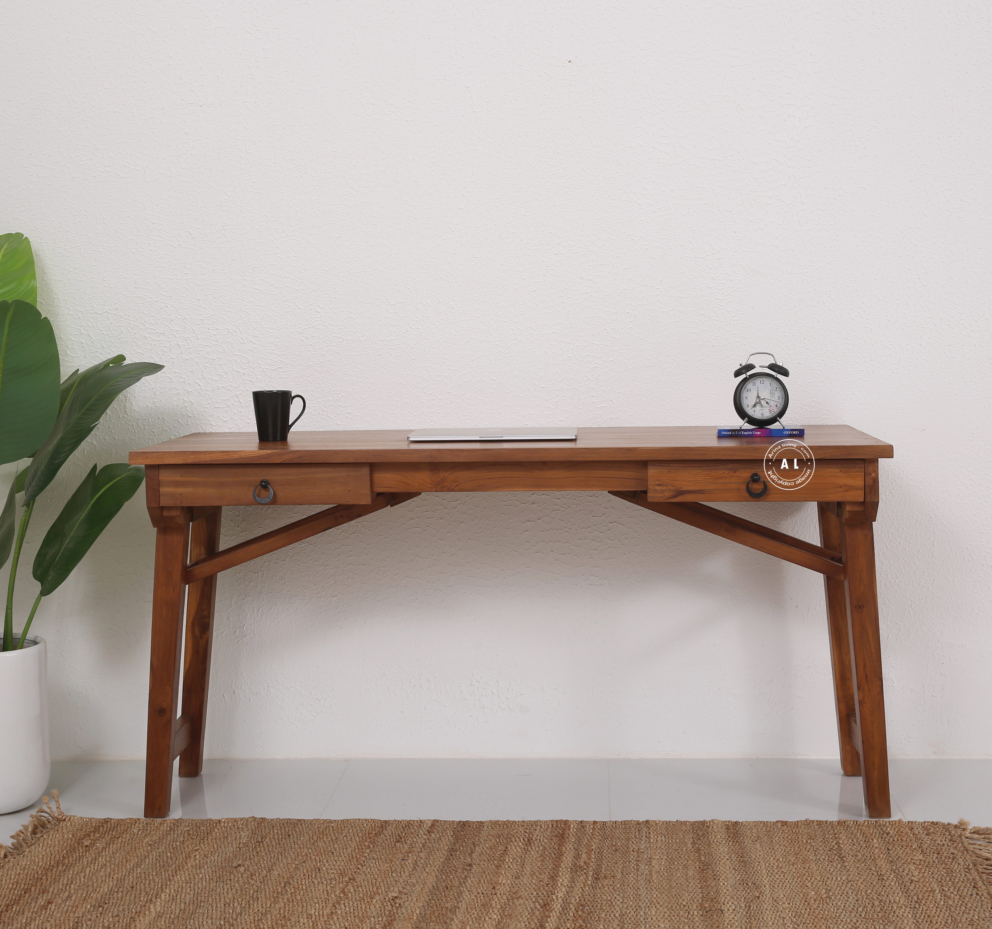 Field Teak Wood Study Table with Drawer Storage – Teak Finish Arina Living