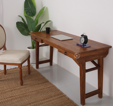 Field Teak Wood Study Table with Drawer Storage – Teak Finish Arina Living