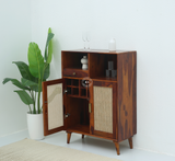 Mint Sheesham Wood Bar Cabinet with Cane Doors & Storage – Honey Finish