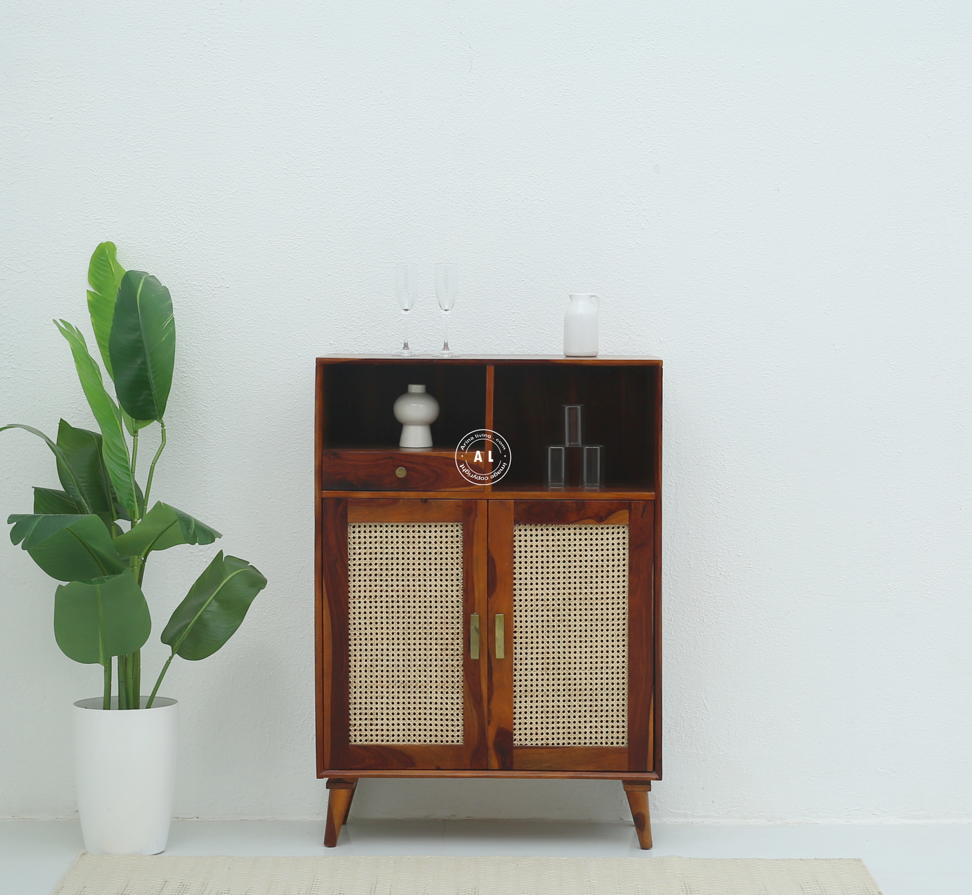 Mint Sheesham Wood Bar Cabinet with Cane Doors & Storage – Honey Finish