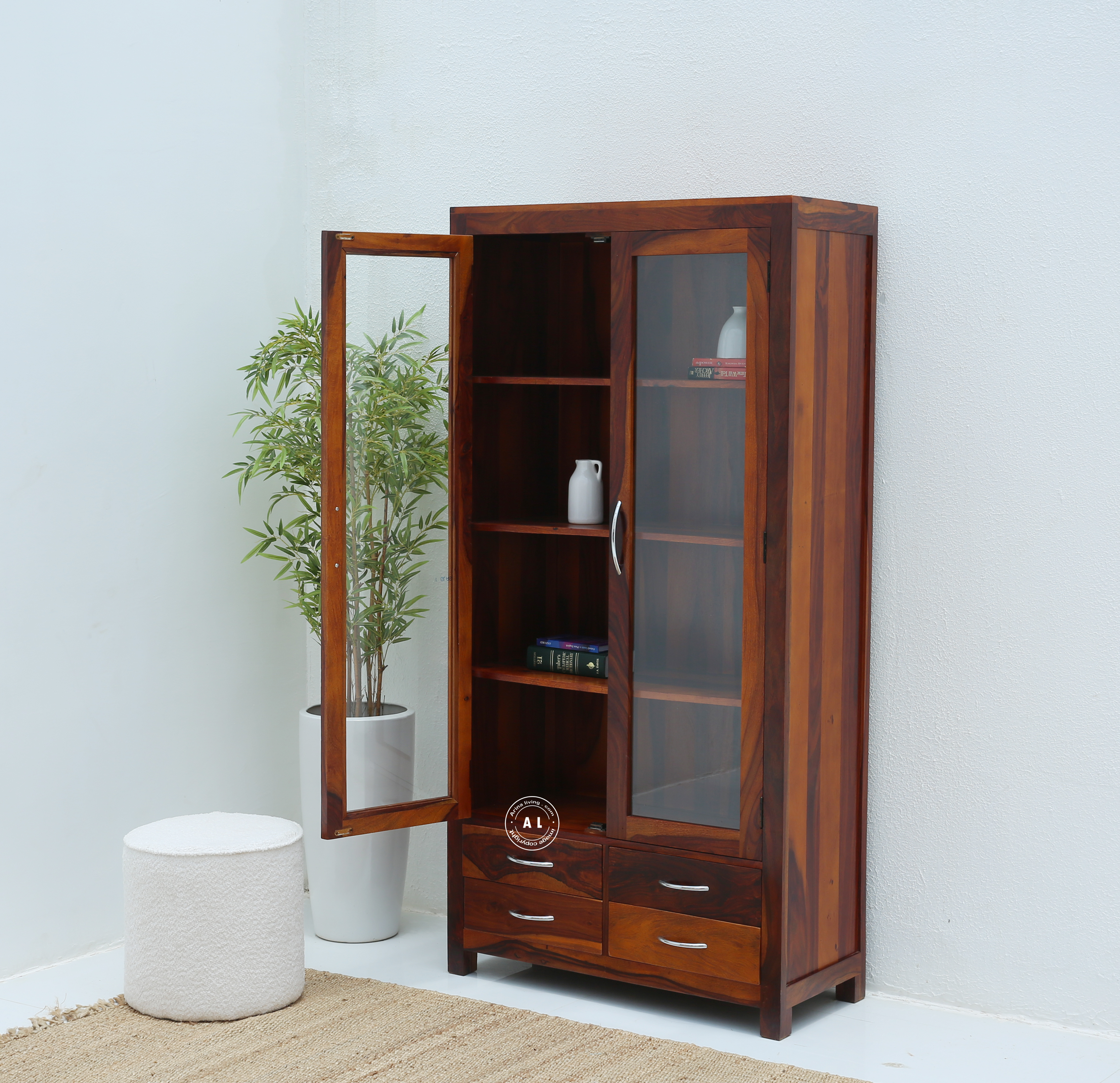 Titan Sheesham Wood Display Shelf with 2 Door & 4 Drawer – Honey Finish Arina Living