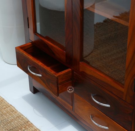 Titan Sheesham Wood Display Shelf with 2 Door & 4 Drawer – Honey Finish Arina Living