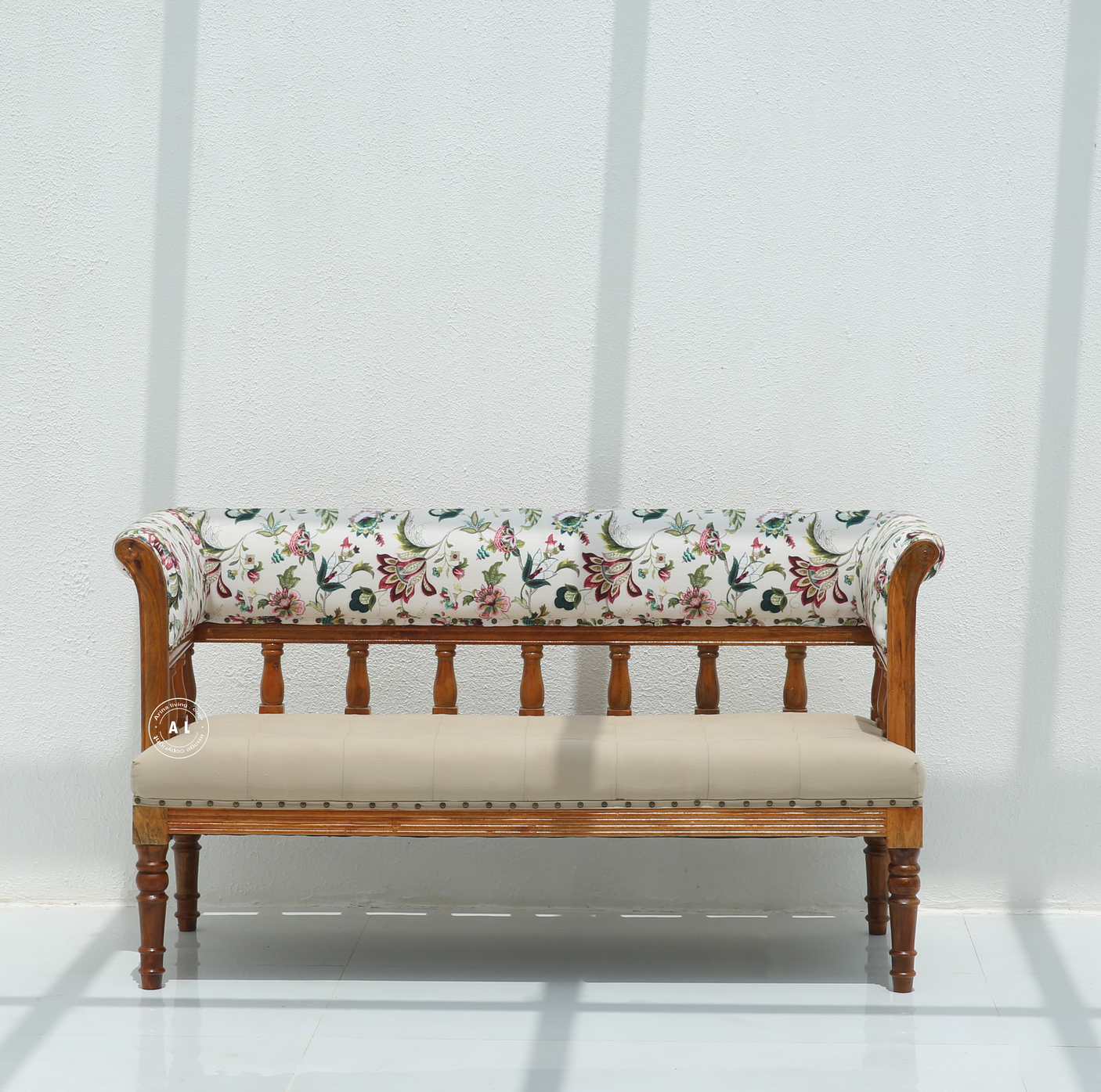 Nexus Bench with Back Rest in Honey Finish Mango Wood – Cotton Upholstery